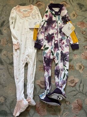 Burt's Bees Baby Pink & Purple Floral 12 month Footed Pajama Set